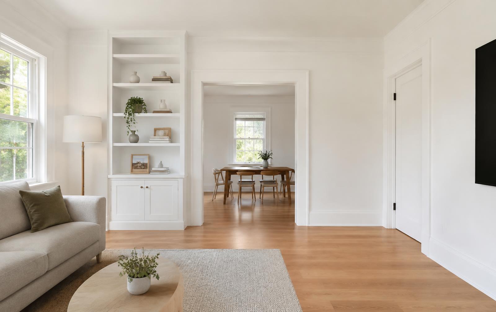 Freshly painted bright living room with crisp white walls